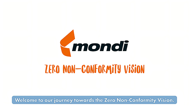 Ein Mondi-Logo und Text mit der Aufschrift „Zero Non-Conformity Vision“.